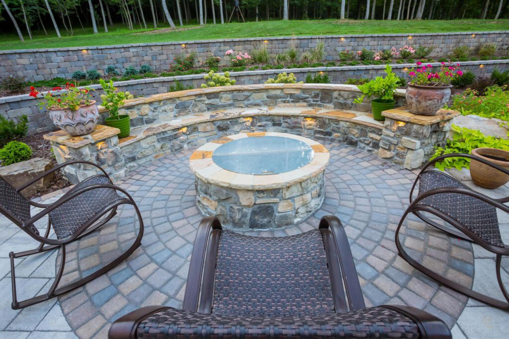 Stone Firepit with Built-in Seating, Circular Stone Patio | Milosi Landscaping Nashville
