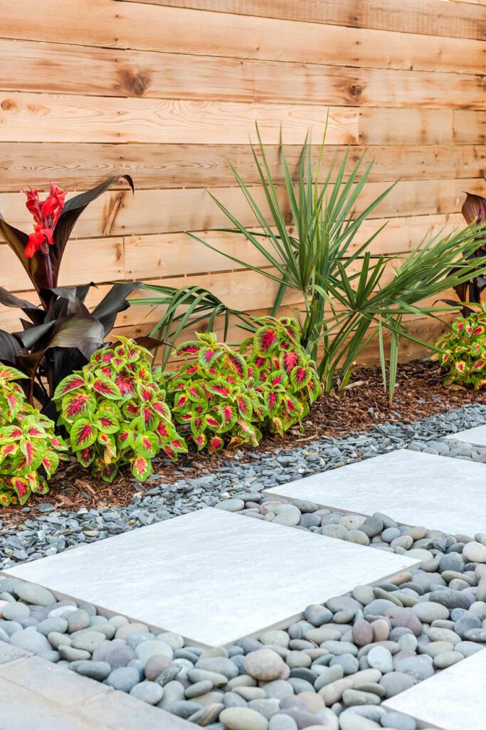 Flower bed next to a wooden fence