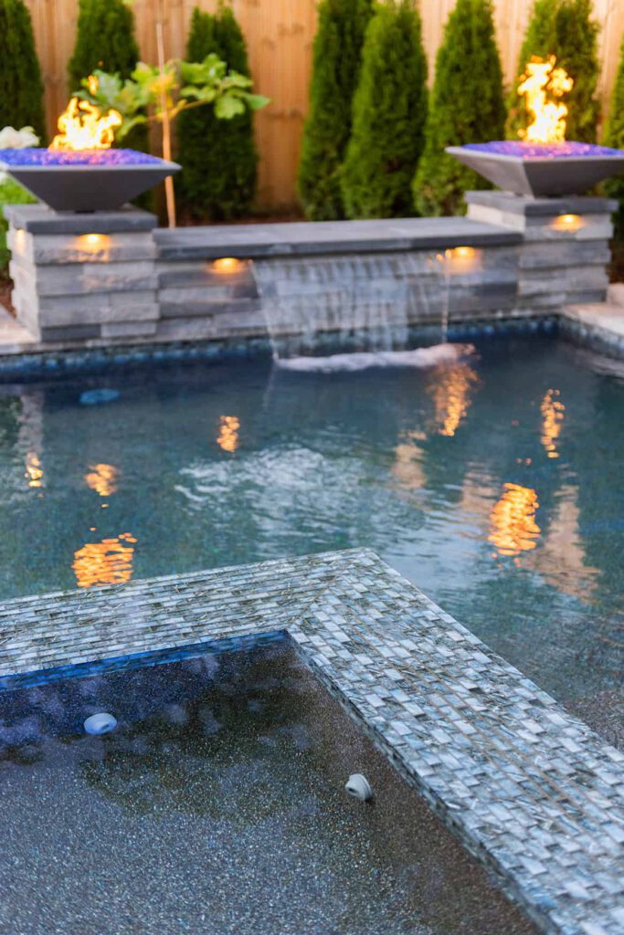Close Up of Whirlpool with Water Feature & Fire Pits | Milosi Landscaping Nashville