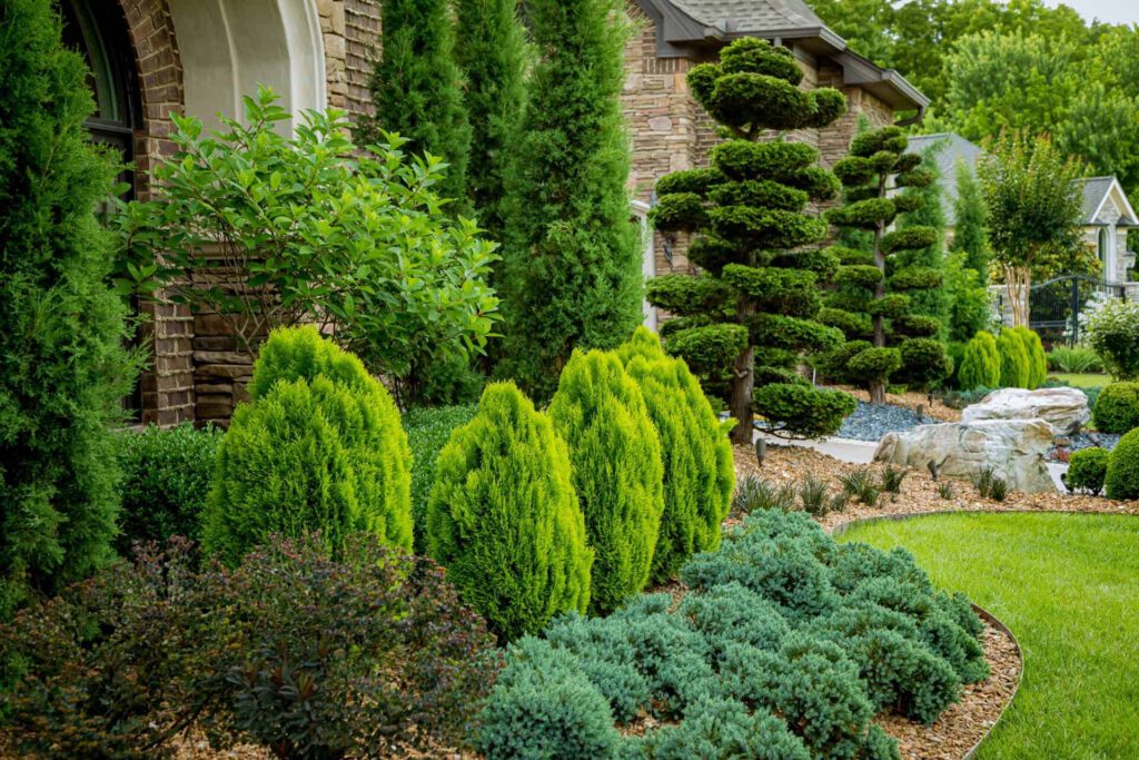 Freshly planted trees and shrubs at brick house | Milosi Landscapes