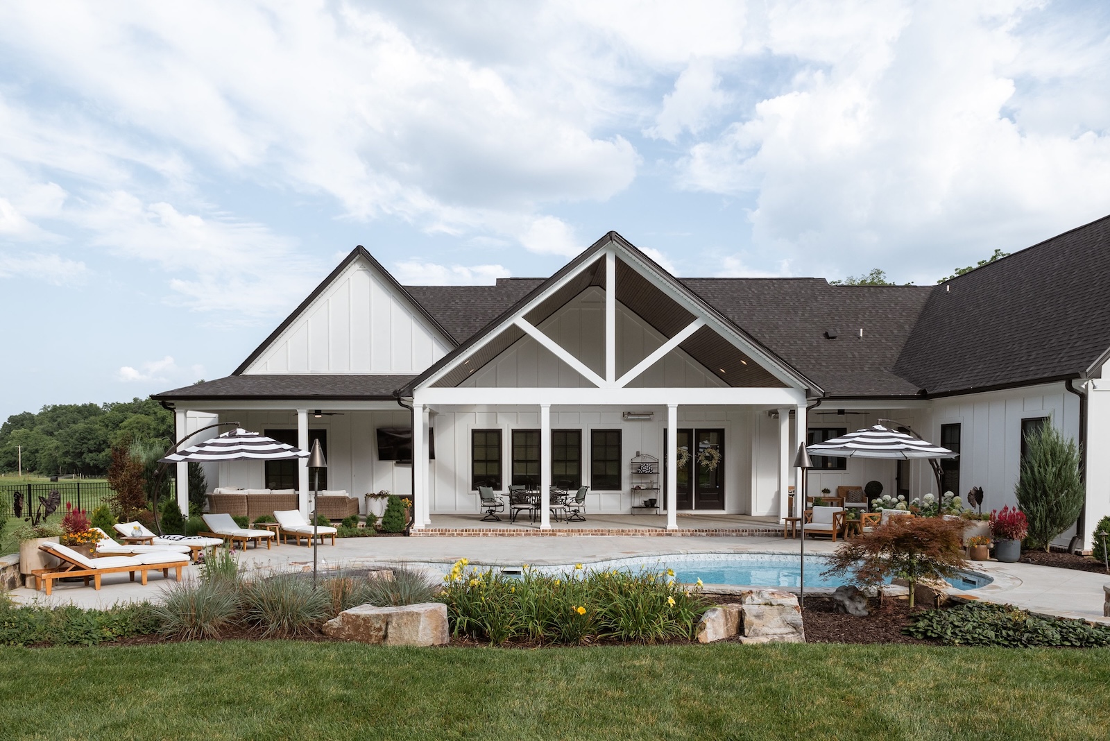Modern White Home Rear View with Custom Pool, Patio, Landscaping | Milosi Nashville Landscaping