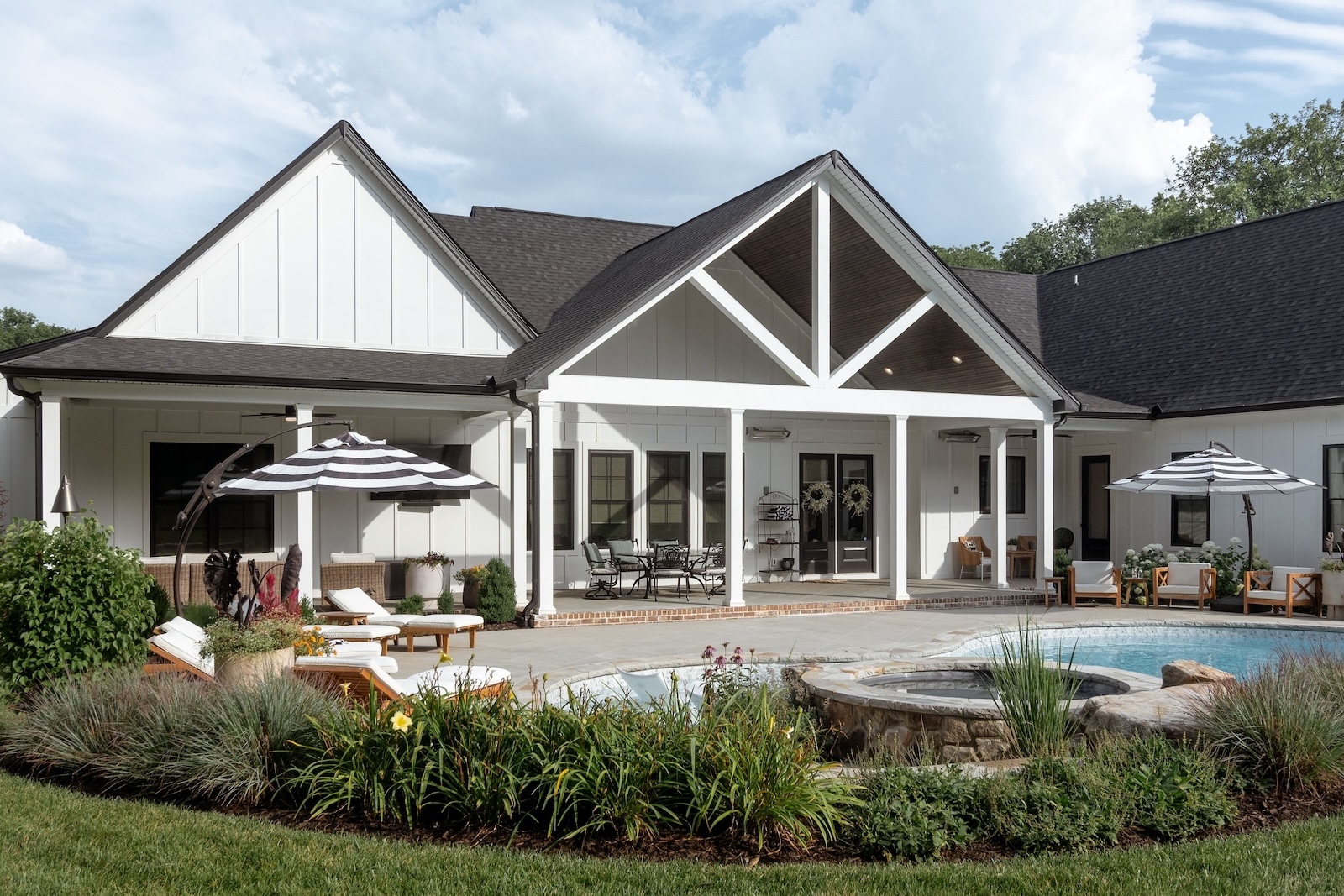 Lush Landscaping Framing Custom Pool & Spa, Patio, Black & White Motif | Milosi Nashville Landscaping