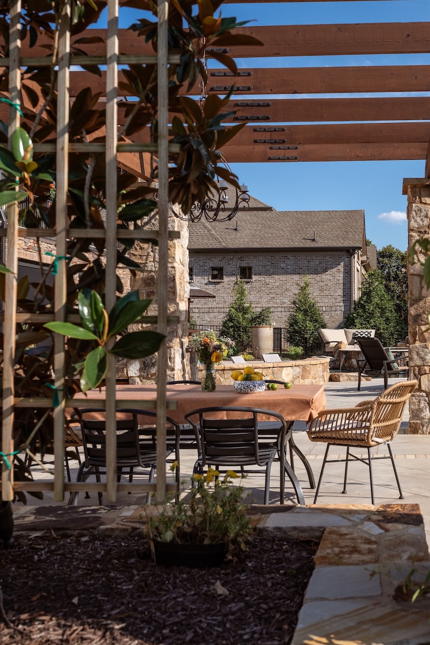 Custom Outdoor Living Area with Trellis, Seating | Milosi Nashville Landscaping