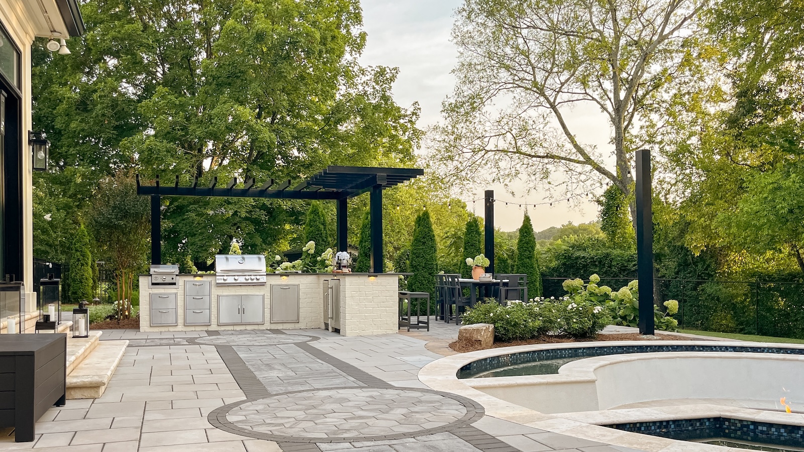 Geometric Patio Design, Outdoor Kitchen, Custom Pool | Milosi Nashville Landscaping