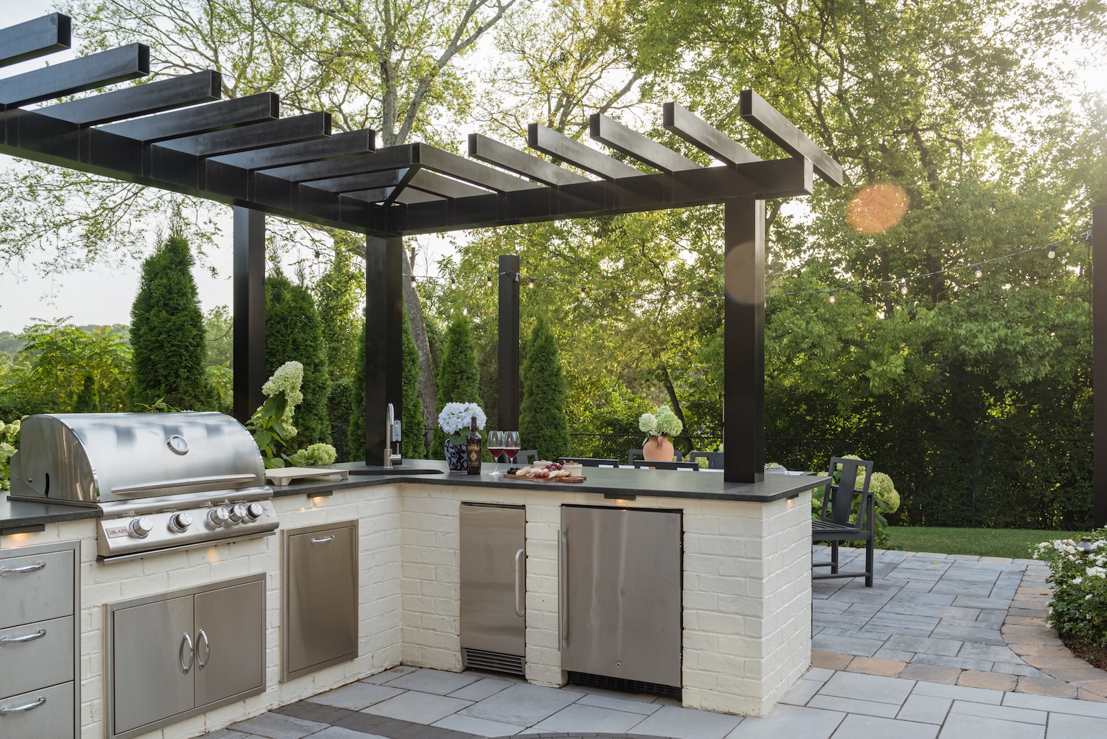 Corner Outdoor Kitchen with Stainless Steel Appliances, Grill, Wine Cheese Board | Milosi Nashville Landscaping