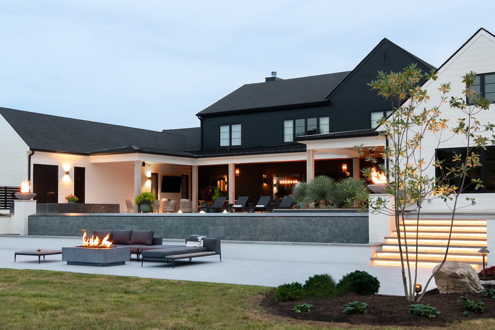 Expansive Modern Patio with Firepits, Custom Lounge Seating, LED Stairway Lighting | Milosi Landscaping