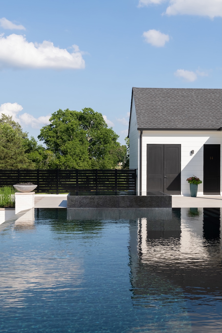 Modern Infinity Pool, Spa, Custom Firepit, Planter with Fencing, Tree View | Milosi Landscaping