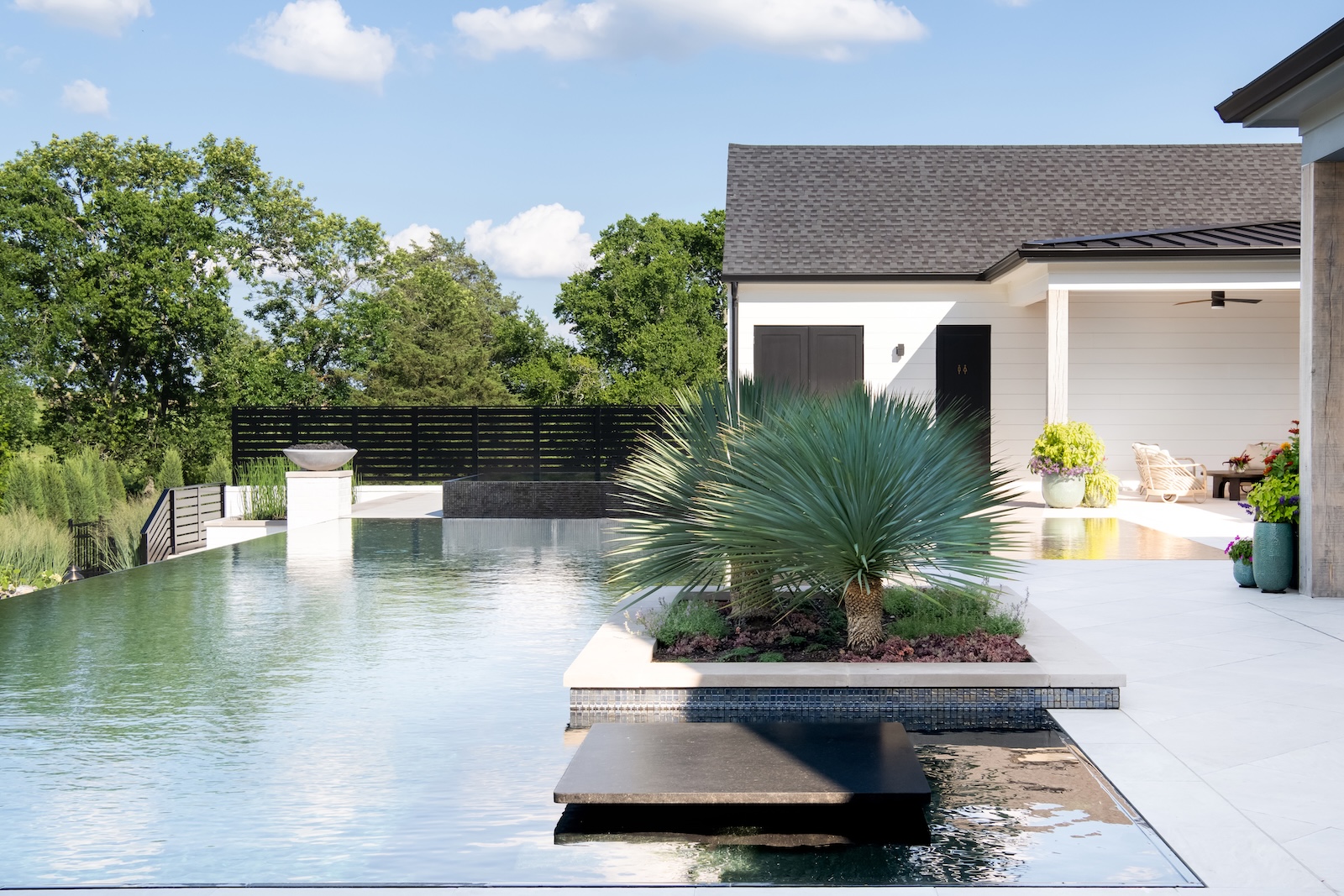 Modern Infinity Pool, Palm Tree Hardscape, Sun Deck, Patio Planters | Milosi Landscaping