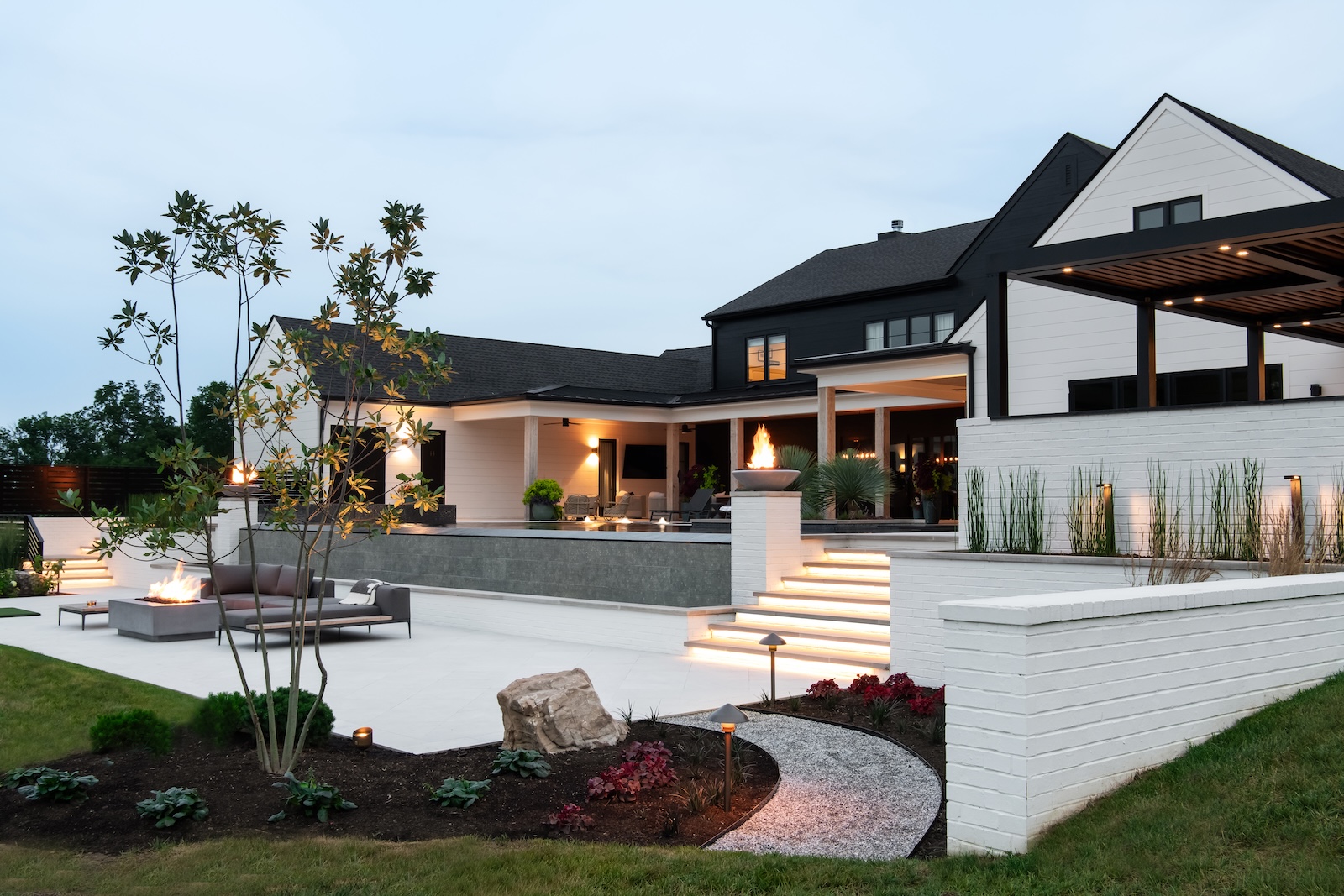 Modern Landscaping, Infinity Pool, Custom Fire Pits, Night Lighting | Milosi Landscaping