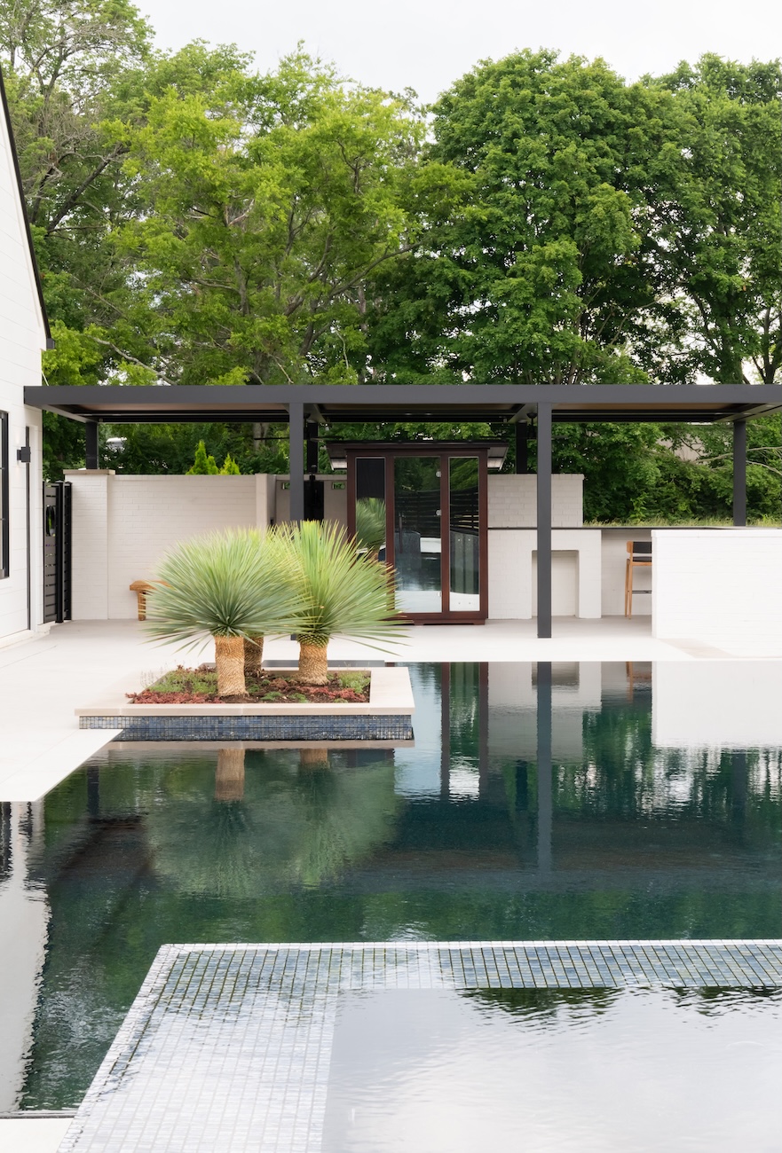 Modern Infinity Pool, Spa, Palm Tree Hardscape, Glass Door, Private Sauna | Milosi Landscaping