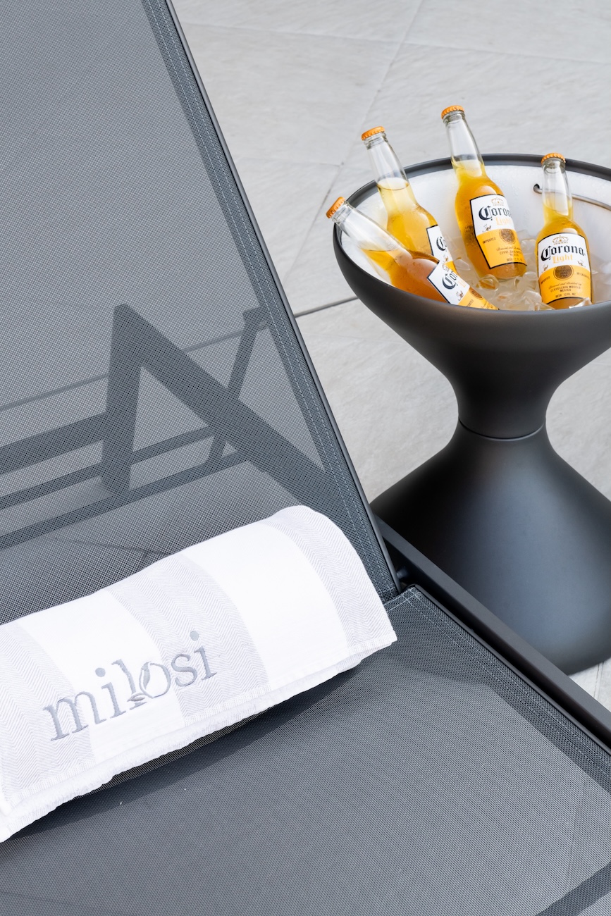 Modern Ice Bucket, Corona Light Beer, Lounge Chair with Milosi Monogrammed Pillow | Milosi Nashville Landscaping