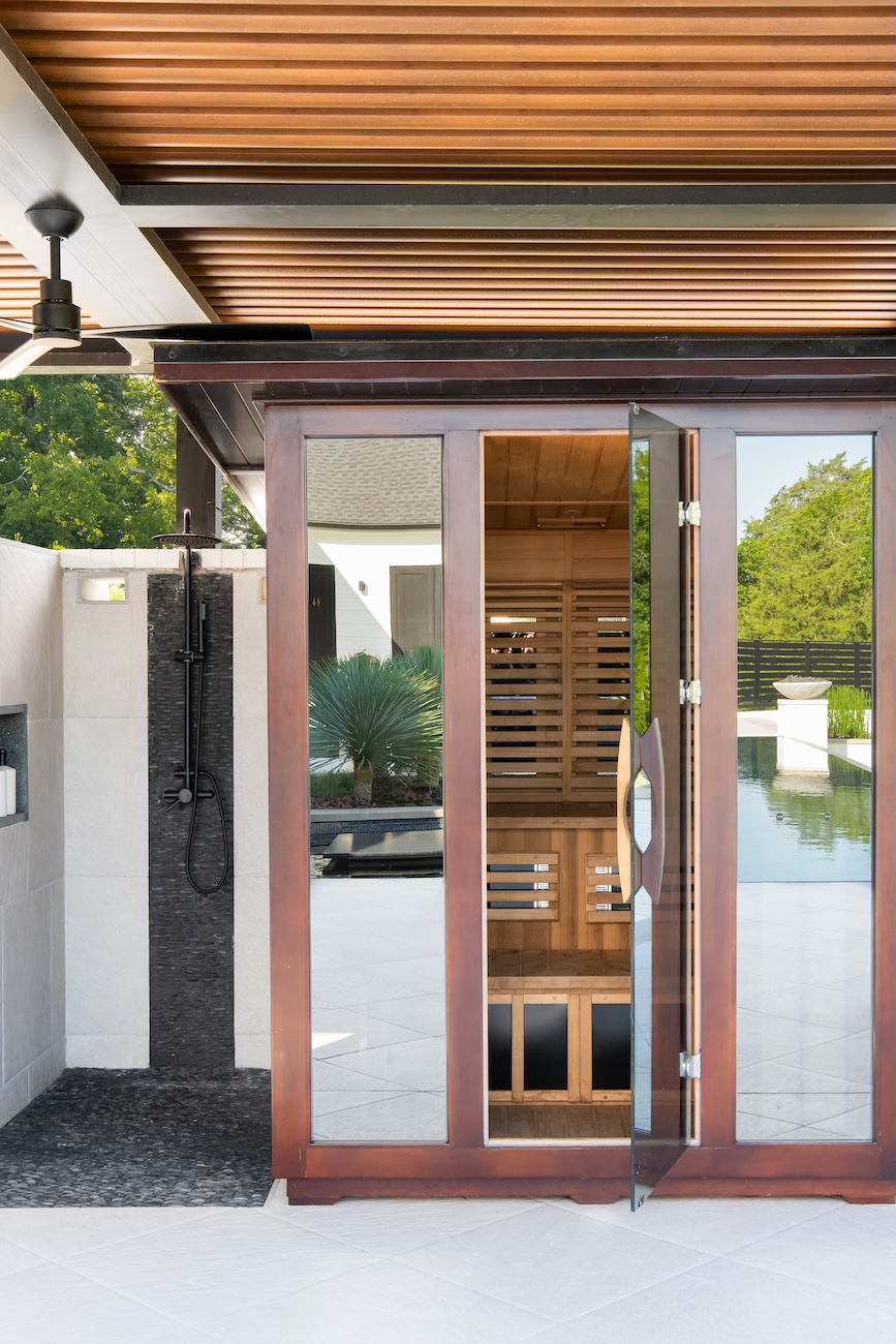 Private Sauna with Glass Doors, Custom Outdoor Shower with Dark Tile | Milosi Nashville Landscaping