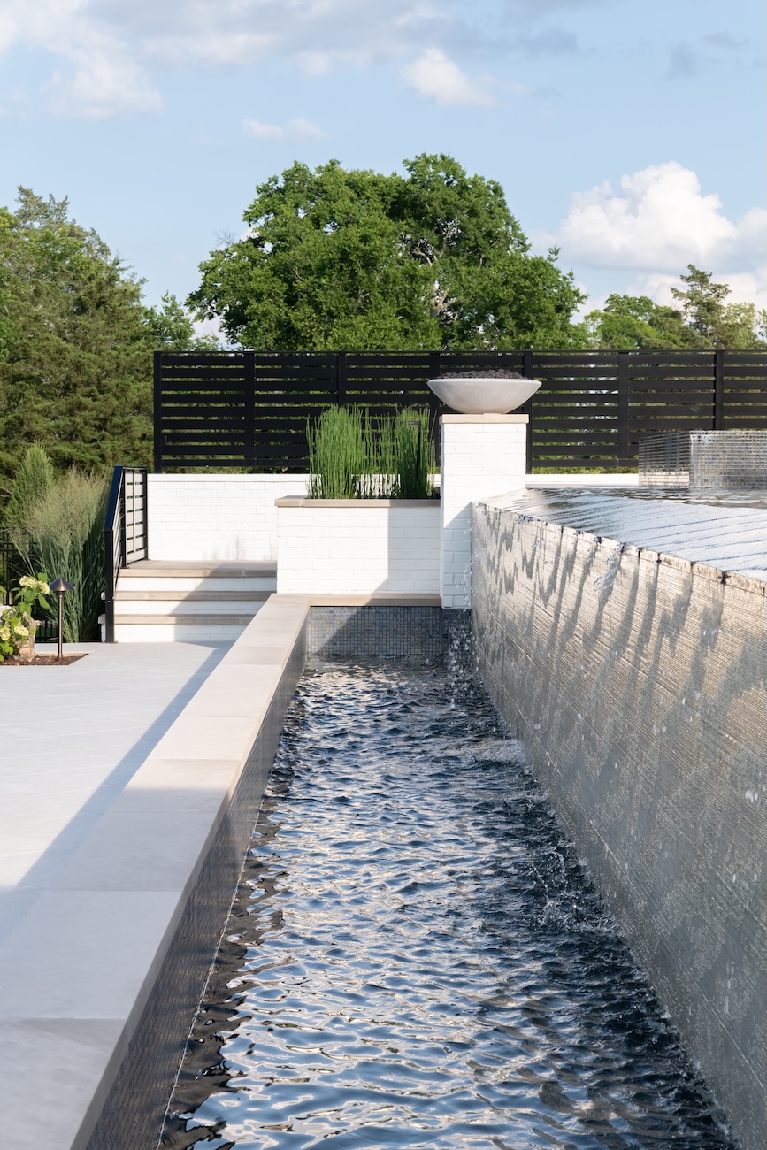 Cascading Water Wall and Pool, Modern Multilevel Patio, Fencing | Milosi Nashville Landscaping