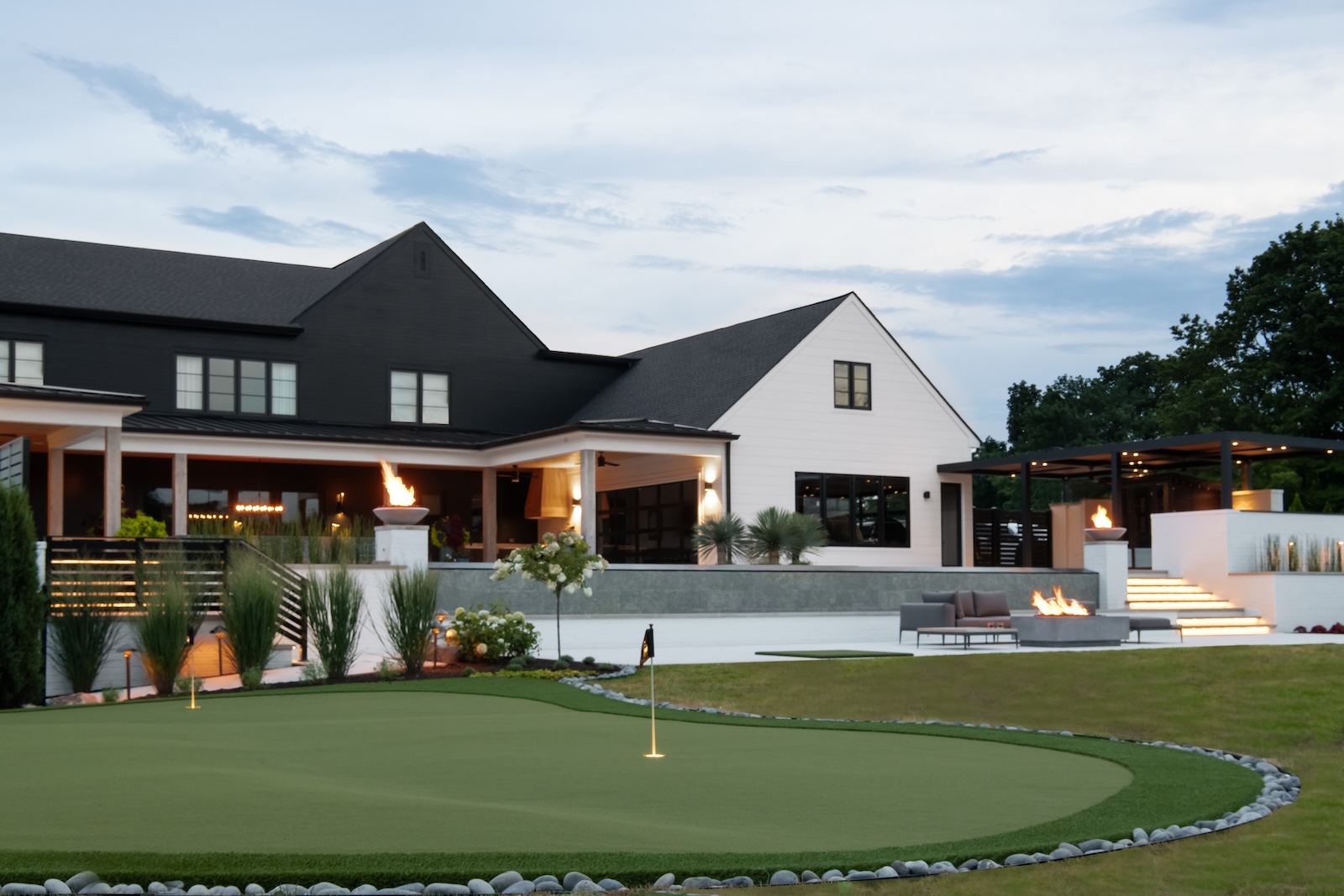 Private Putting Green with Modern Patio, 3 Firepits, Stairway with Lighting | Milosi Nashville Landscaping